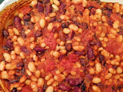 An image showcasing the three-bean baked beans recipe