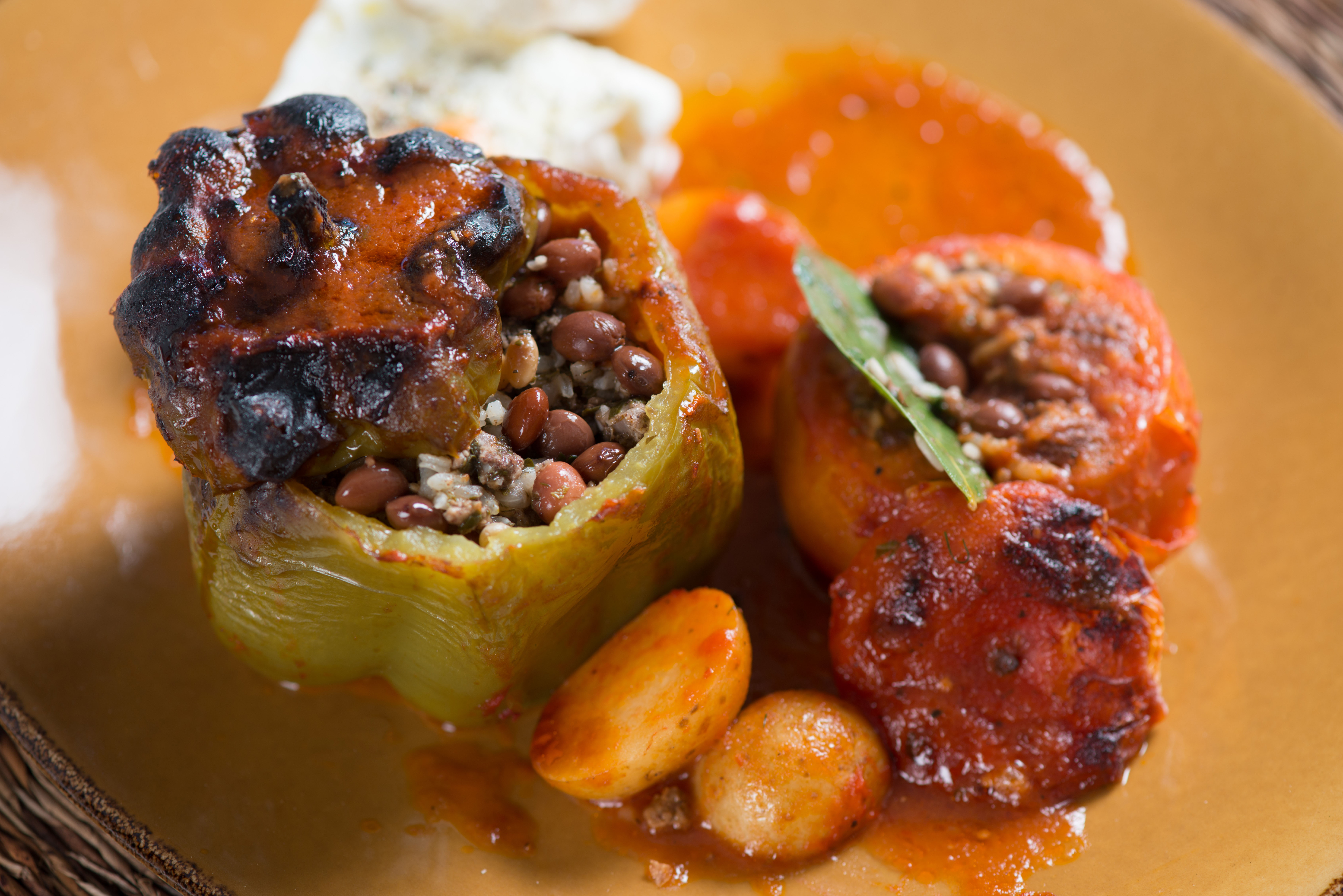 An example of the Greek stuffed vegetables with mint, dill, rice, and red beans recipe.