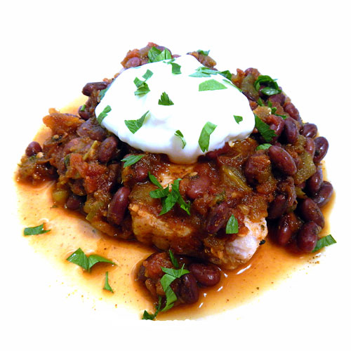 An image showing the Mexicali Pork Chops with Black Beans